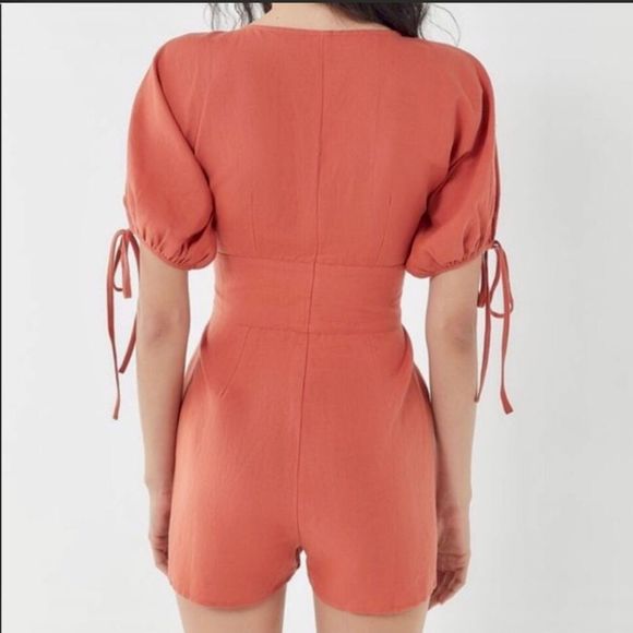 Urban Outfitters Lily Linen Blend Terra Cotta Short Sleeve Button Romper Medium - Picture 2 of 14